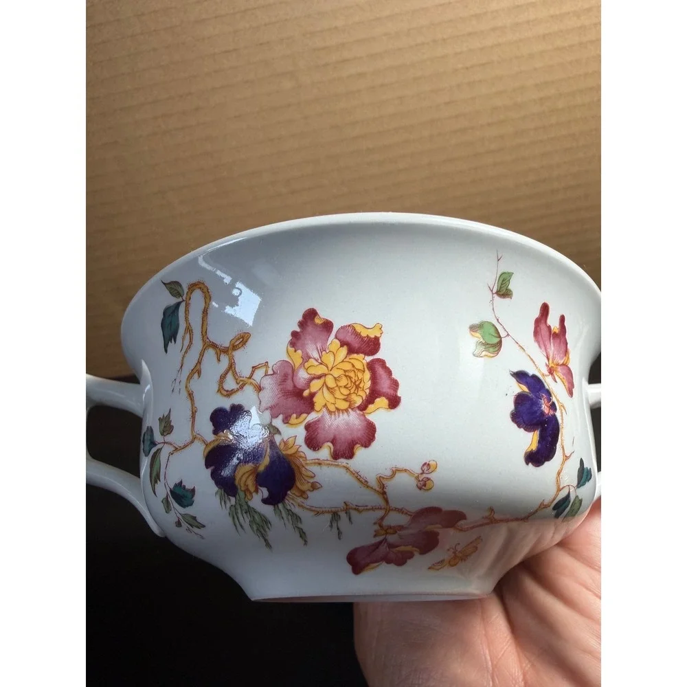 Wedgwood Devon Rose Chinoiserie Cream Soup Bowl and Saucer Floral Bird England